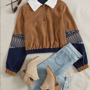 Plus Geo Print Half Collar Corduroy Sweatshirt